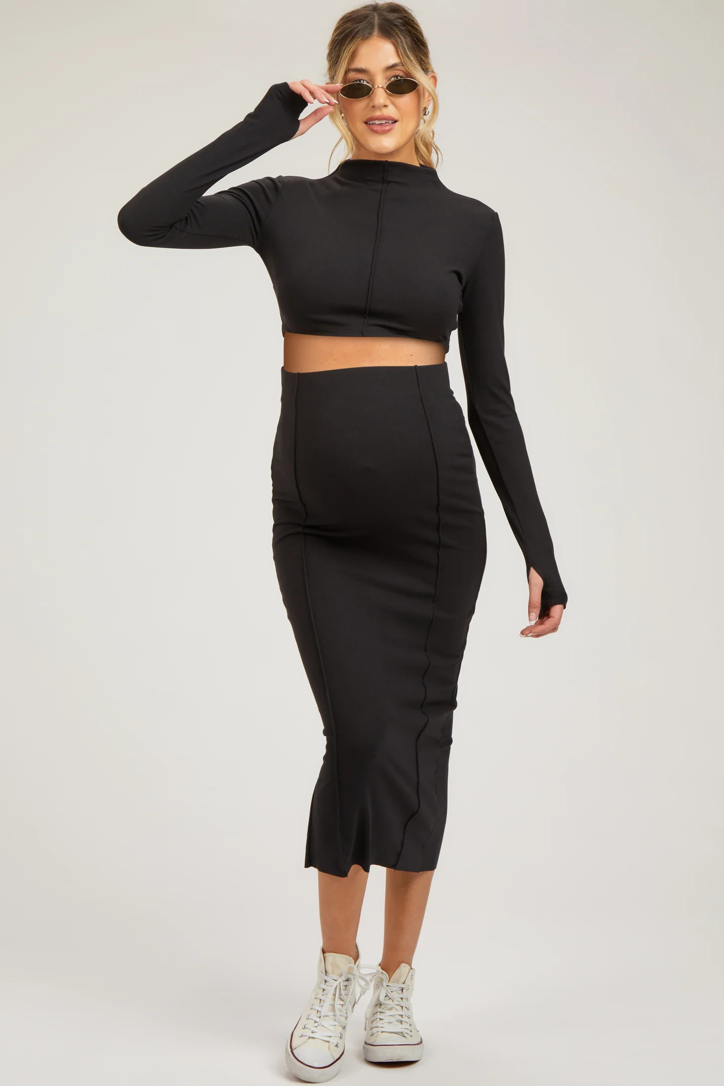 Black Mock Neck Long Sleeve Crop Maternity Midi Skirt Set | PinkBlush Maternity