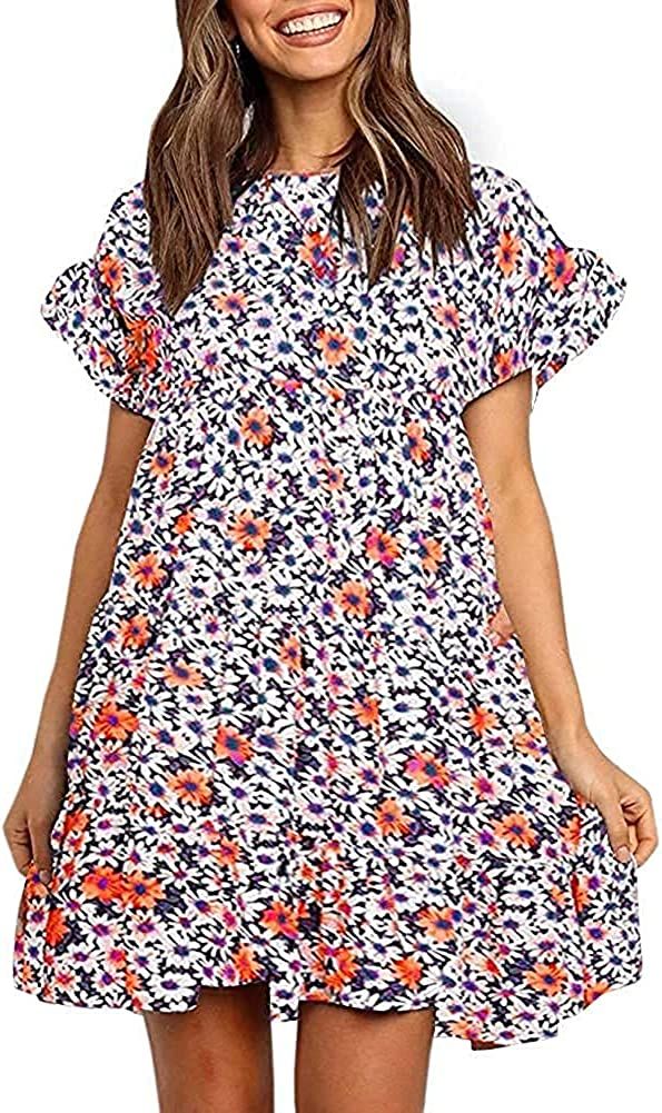 Chuanqi Womens Ruffles Boho Floral Printed Babydoll Loose Swing Casual Short Mini T-Shirt Dress | Amazon (US)