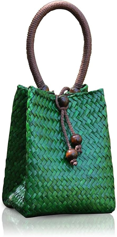 Hand-woven Mini Retro Straw Handbag Bag Summer Beach Boho Rattan Tote Travel Bag with Wood Beaded... | Amazon (US)