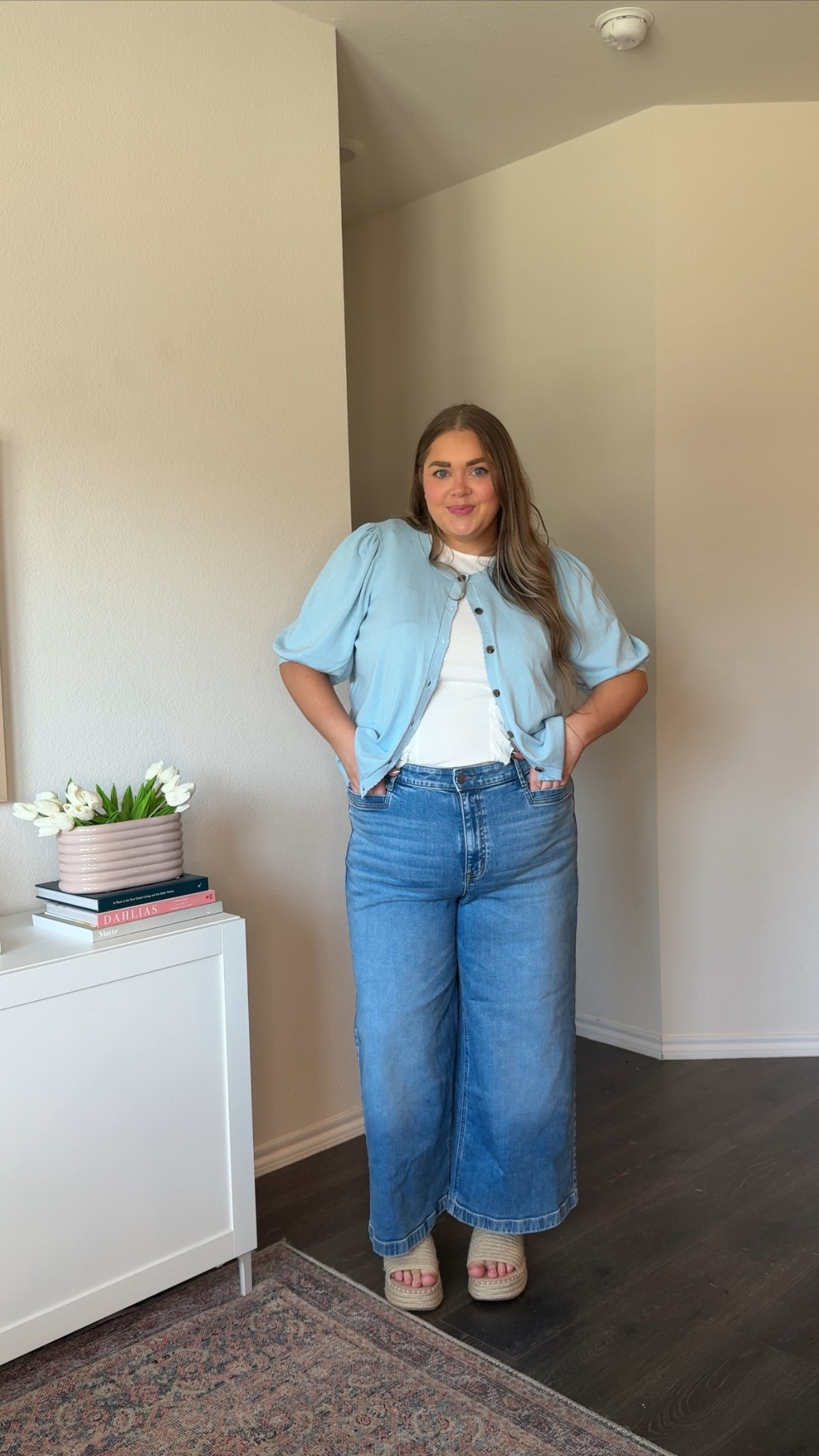 Plus size spring outfit wide leg jeans and cardigan are so good!! Wearing 18 in jeans they have lots of stretch. Size 2 in cardigan and tank  

#LTKPlusSize #LTKSeasonal