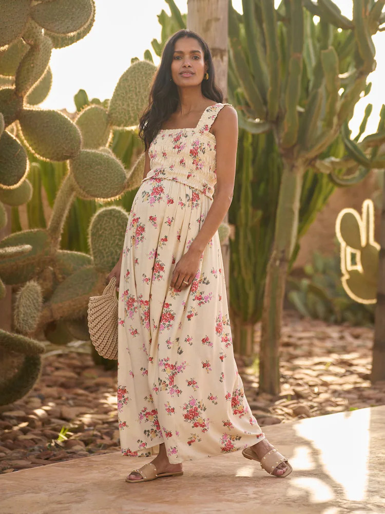 Seraphine Ecru Floral Linen Blend Maternity & Nursing Vintage Floral Maxi Dress | Next US