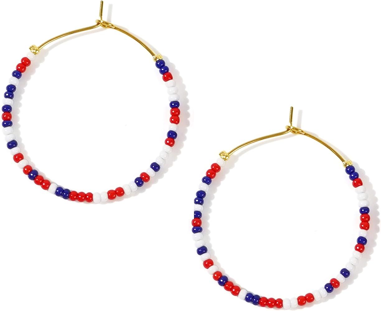 Sonatomber Handmade Boho Colorful Beaded Large Gold Hoop Earrings for Women, Bohemian Seed Beads ... | Amazon (US)