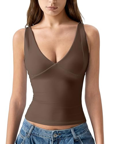 QINSEN Womens V Neck Going Out Tops Double Lined Fitted Seamed Cup Summer Tank Top Leopard Print ... | Amazon (US)