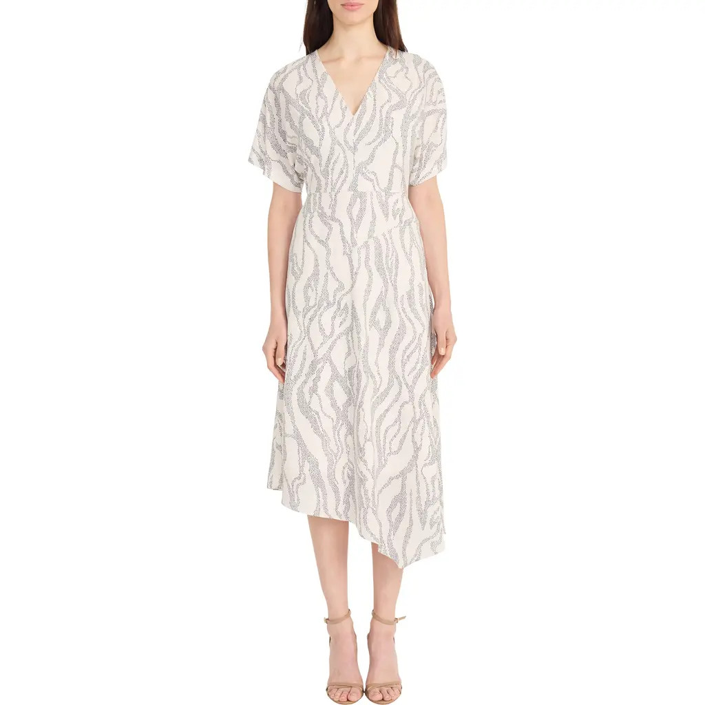 Maggy London Abstract Print Asymmetric Midi Dress in Ivory/Charcoal at Nordstrom Rack, Size 10 | Nordstrom Rack