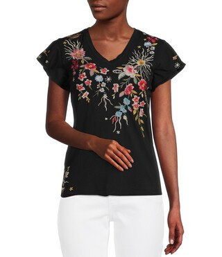Lissa Embroidered Floral Print Cotton Knit Jersey V-Neck Short Flutter Sleeve Tee Shirt | Dillard's