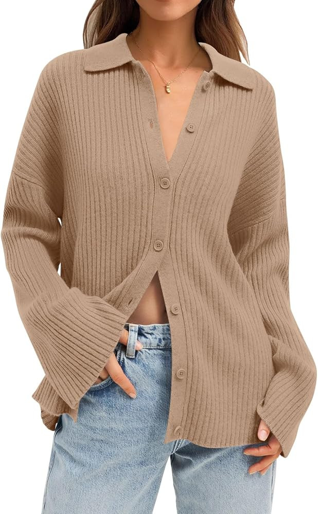 LILLUSORY Women's Cardigan 2023 Long Sleeve Button Down Sweater Shirts Lightweight Collared Loose Co | Amazon (US)