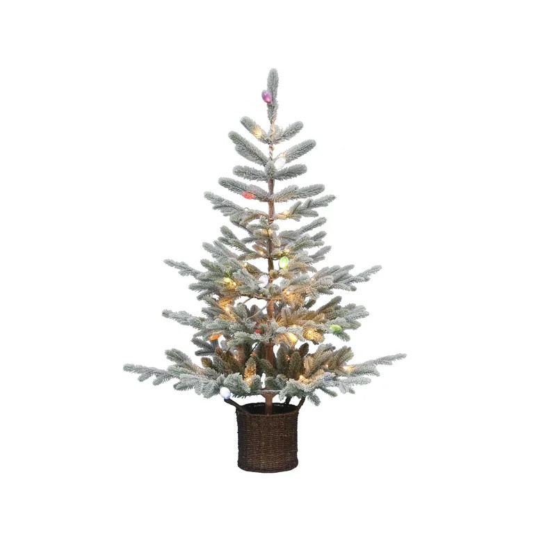 4.5' Pre-Lit Fir Green Flocked Artificial Potted Christmas Tree with Color Caps and Shimmer Glo L... | Walmart (US)