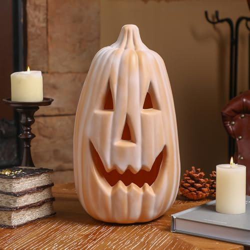 Jingmore 13.4 Inch Terracotta Pumpkin Decoration Large Plastic Jack O' Lantern Reusable Carved Pumpkin Lantern for Thanksgiving Halloween Fall Indoor Outdoor Decor Party Centerpiece | Amazon (US)