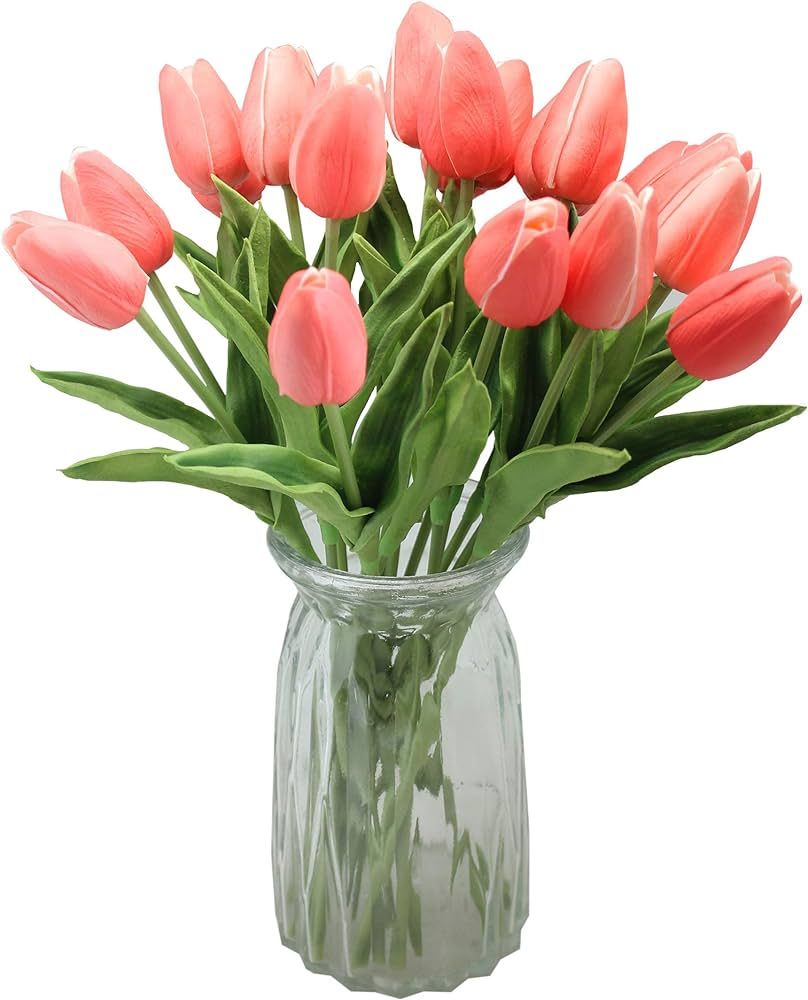ALIERSA 10-Heads Artificial Flowers PU Mini Real Touch Tulip Bouquets (Gradient Coral) | Amazon (US)
