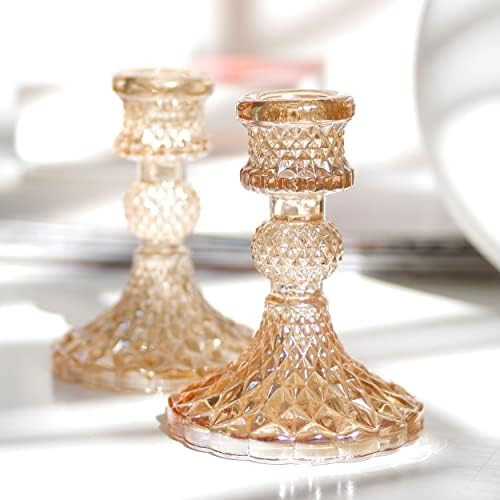 Taper Candle Holders Set of 2, Clear Glass Candlestick Holder Fit 0.8 Inch Candles, 4 Inch Tall C... | Amazon (US)