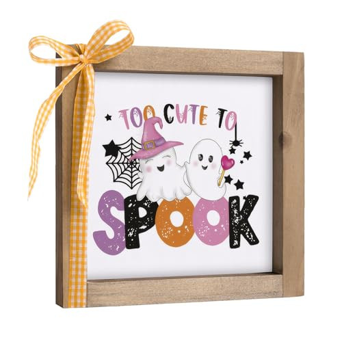 pechpell Too Cute To Spook Sign, 6 Inch Wooden Halloween Funny Cute Pink Ghost Decorative Signage Office Decor, Indoor Table Wall Art Shelf Desk Tiered Tray Rustic Farmhouse Home Decorations | Amazon (US)