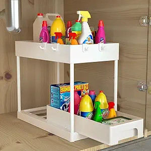 Under Sink Organizers and Storage,2 Tier Under Bathroom Storage Rack with 4 Hooks,Multi-purpose S... | Amazon (US)