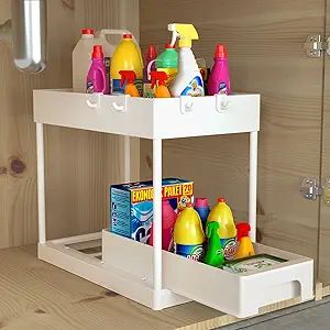 Under Sink Organizers and Storage,2 Tier Under Bathroom Storage Rack with 4 Hooks,Multi-purpose S... | Amazon (US)