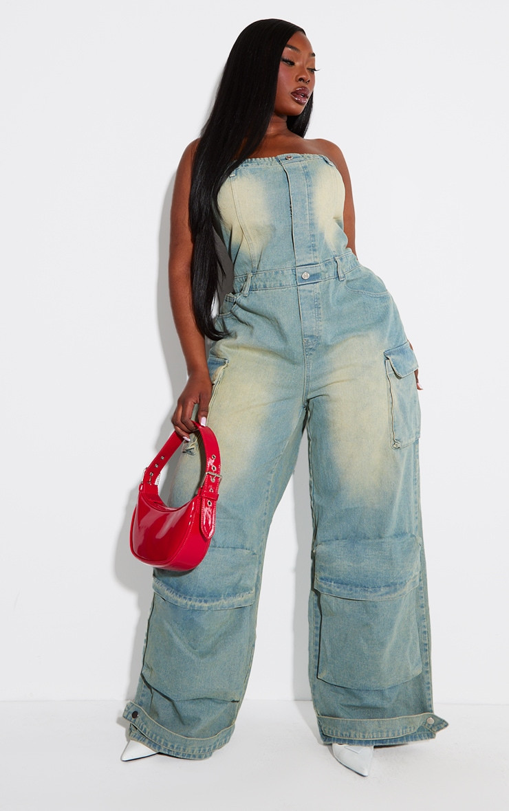 Plus Vintage Bleach Wash Bandeau Pocket Detail Denim Jumpsuit | PrettyLittleThing US