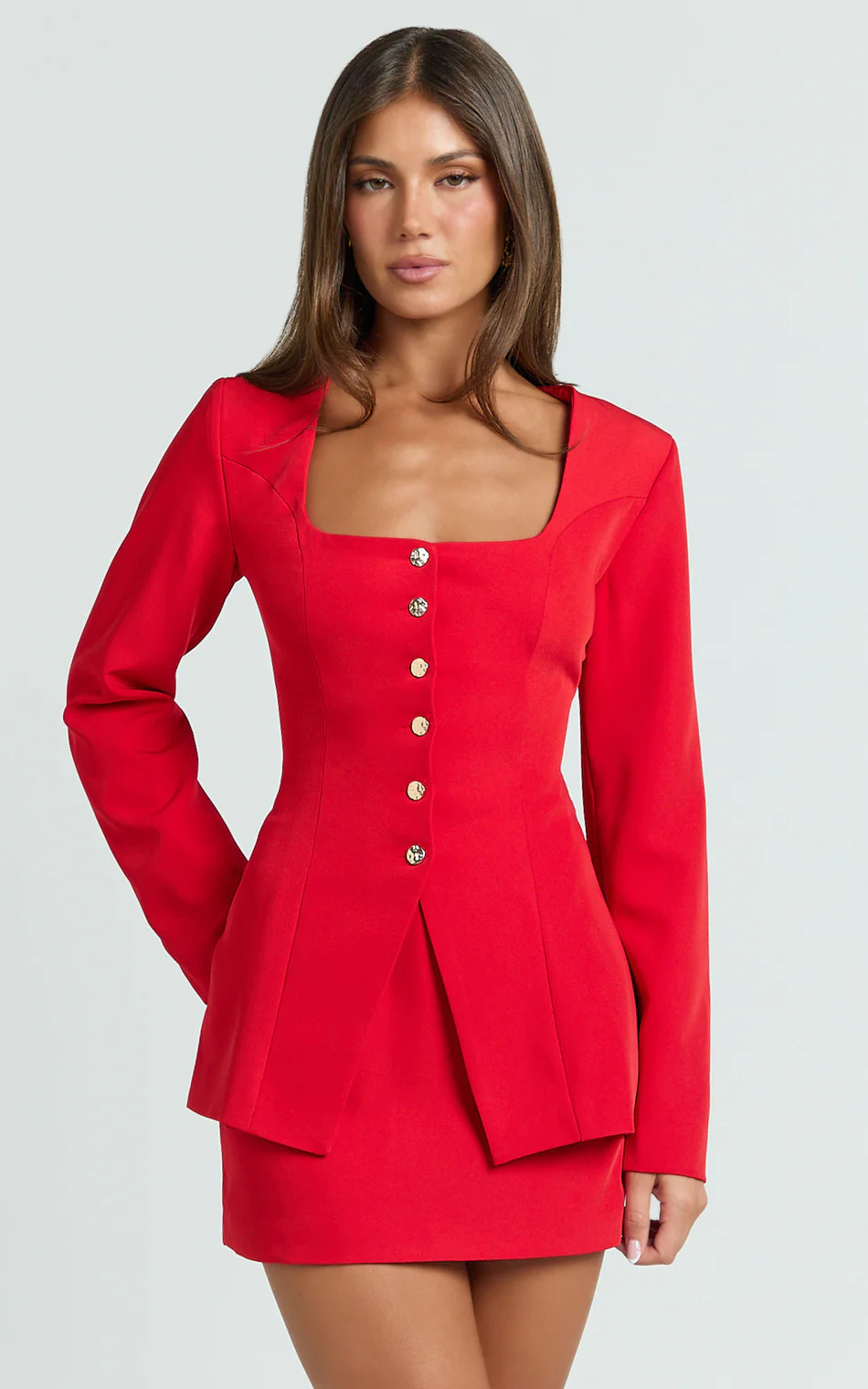 Evie Two Piece Set - Long Sleeve Button Down Tailored Top and Mini Skirt Set in Red | Showpo (US, UK & Europe)