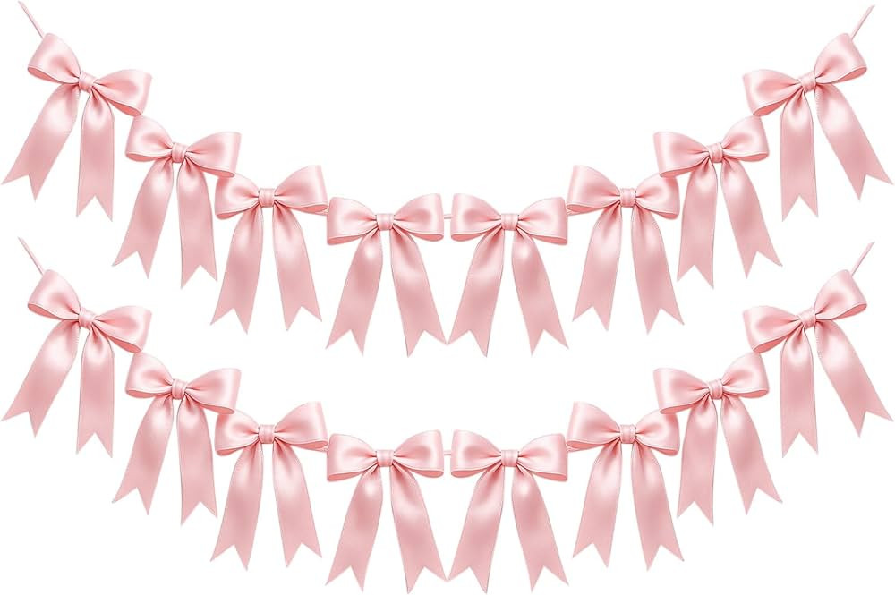2 Strings of 16PCS Pink Bow Garlands Banner Decoration,Pre-Strung Satin Ribbon Ornaments for Birt... | Amazon (US)