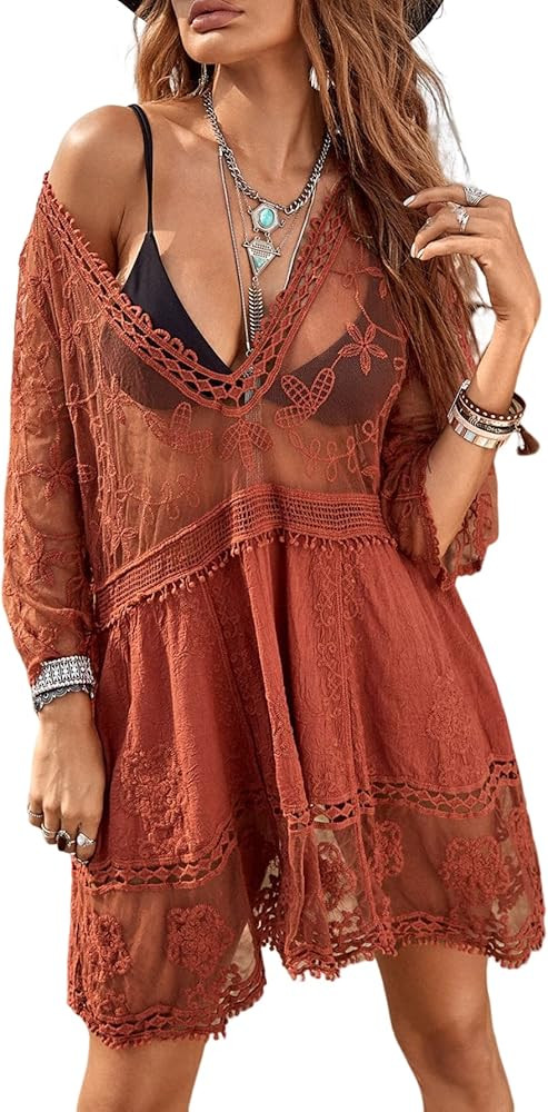 Floerns Women's Contrast Lace Plunging V Neck Bikini Cover Up Beach Dress Bathing Suit | Amazon (US)