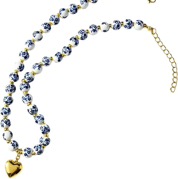 Blue And White Porcelain Beaded Necklace With Gold Bow Pendant Chunky Necklace Floral Ceramic Jew... | Amazon (US)