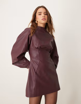 ASOS DESIGN leather look cocoon sleeve mini dress with underbust seam detail in burgundy | ASOS (Global)