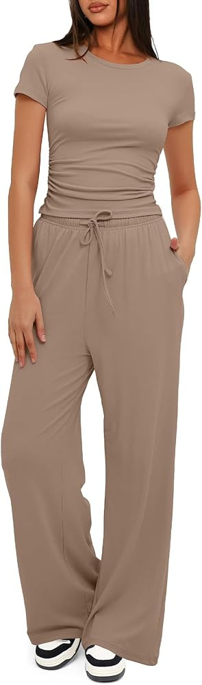 Darong Women's 2 Piece Outfits Lounge Sets Ruched Short Sleeve Tops and High Waisted Wide Leg Pan... | Amazon (US)