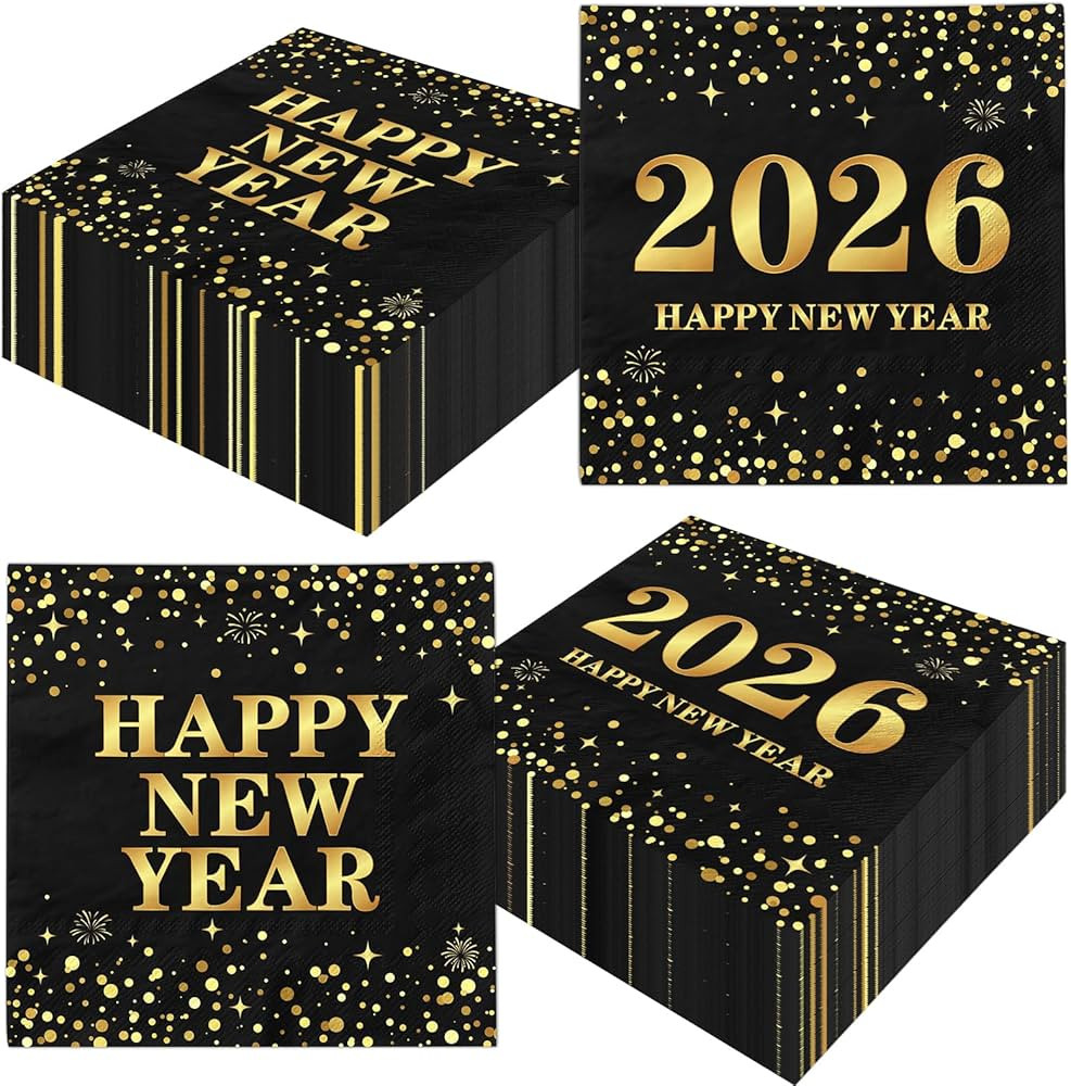 48Pcs Black and Gold New Years Napkins Paper, Polka Dot New Years Eve Party Supplies 2026 Black a... | Amazon (US)