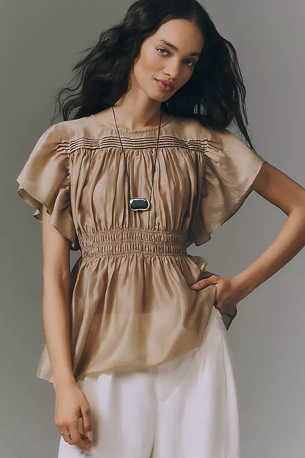 Sheer Smocked Short-Sleeve Blouse | Anthropologie (US)