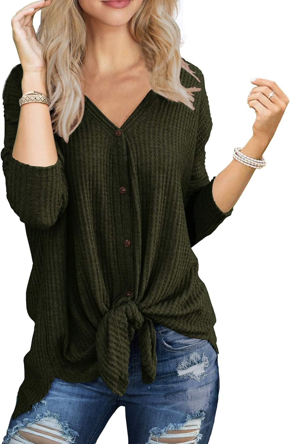 IWOLLENCE Womens Waffle Knit Tunic Blouse Tie Knot Henley Tops Loose Fitting Bat Wing Plain Shirt... | Amazon (US)