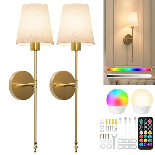 Battery Operated Wall Sconces Set of 2, Cordless Wall Lights with Rechargeable Bulbs and Remote, 12 Lighting Colors and Dimmable, Battery Powered Wall Lights for Bedroom Living Room, Glod + Flax | Amazon (US)