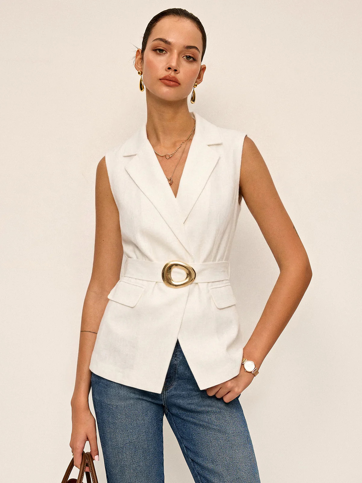 Metal Buckle Linen Blend Sleeveless Blazer Vest | Commense