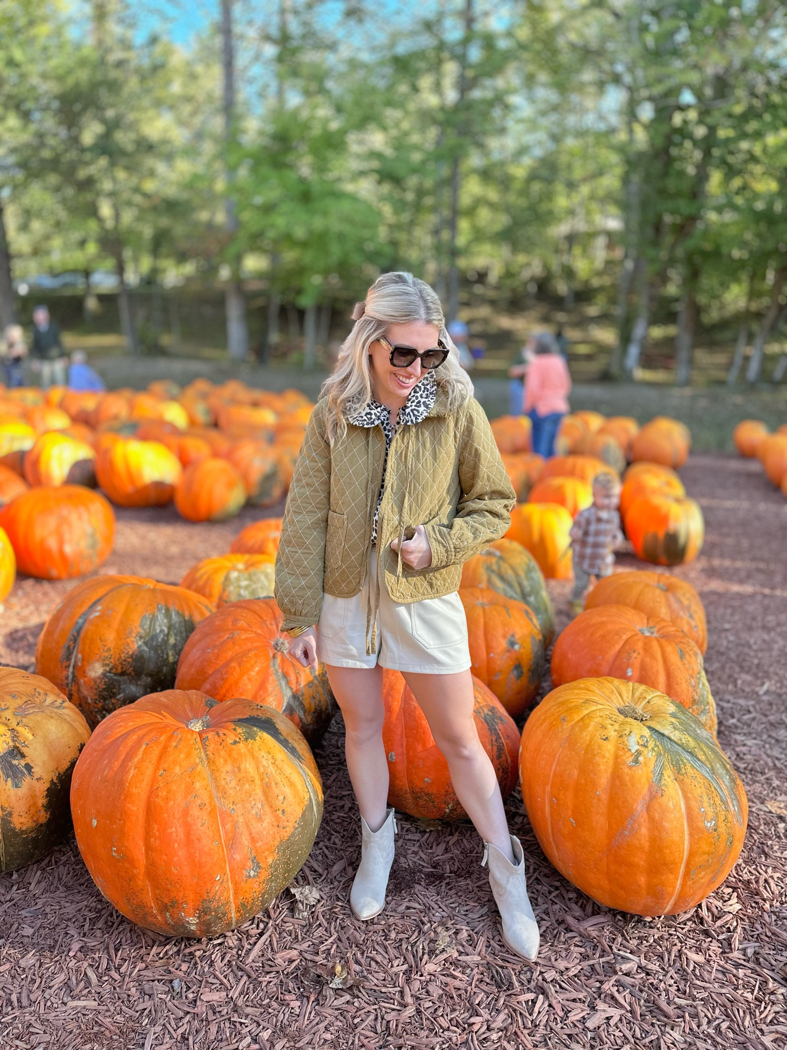 Pumpkin patch fall outfit 🎃 

When it’s 90 degrees by noon, you wear shorts but make it fall festive 😂🫶🏻

Linking my outfit details. Wearing a small in everything. My jacket is sold out in olive but linking the same one in a dark wash denim color. I honestly love it so much I’m going to buy it in the denim color too! 

Fall outfit, fall ootd, family pumpkin patch day, pumpkin patch outfit, leopard, cheetah, neutral shorts, cream, western booties, outfit inspo

#LTKHalloween #LTKSeasonal #LTKStyleTip