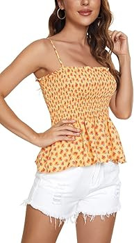 Tribear Women's Casual Frill Smocked Cami Tank Tops Floral Shoulder Strap Vest | Amazon (US)