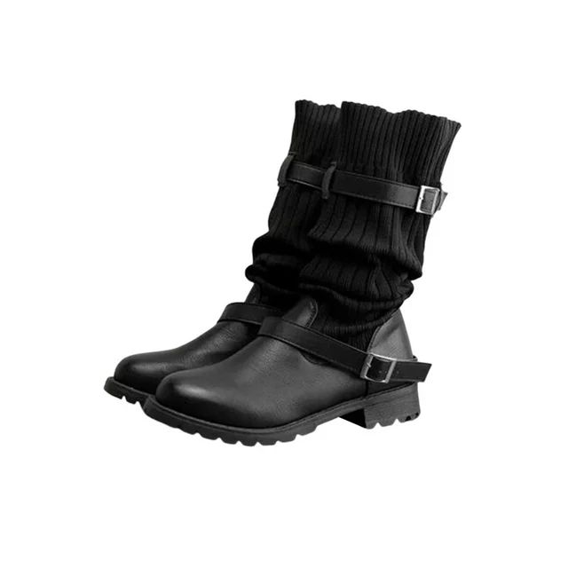 Ritualay Ladies Sock Boots Buckle Strap Winter Booties Casual Knee High Boot Lightweight Anti Sli... | Walmart (US)
