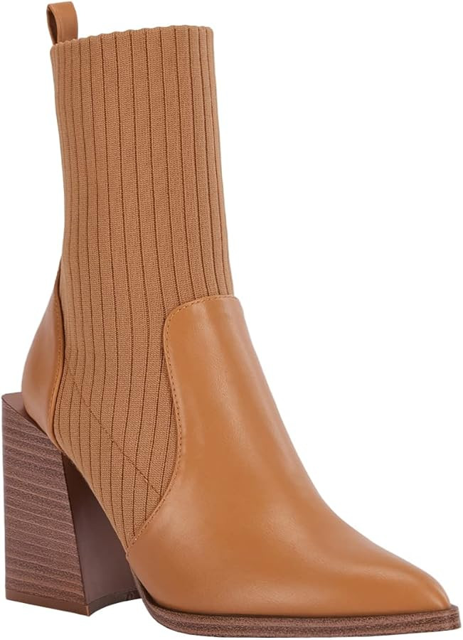 Womens Chunky Stacked Heel Ankle Boots Pointed Toe Booties Slip On Ribbed Knit Sock Boot | Amazon (US)