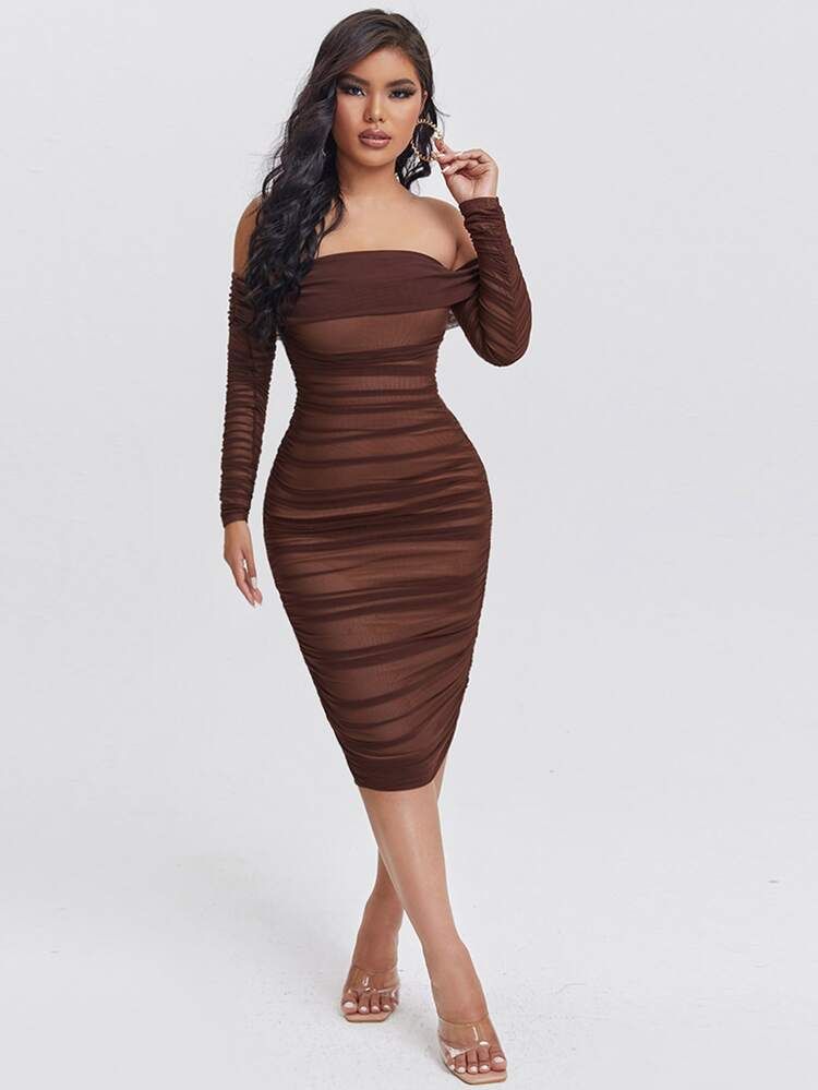 SHEIN SXY Ruched Off Shoulder Mesh Bodycon Dress | SHEIN