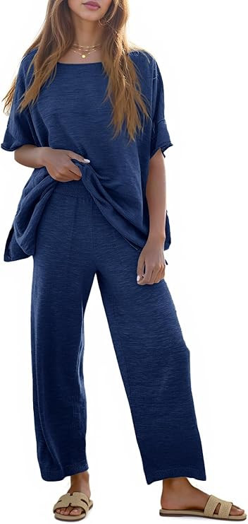 Tankaneo Women's 2 Piece Travel Outfits Casual Short Sleeve Knit Sweater Set Wide Leg Pants Loung... | Amazon (US)