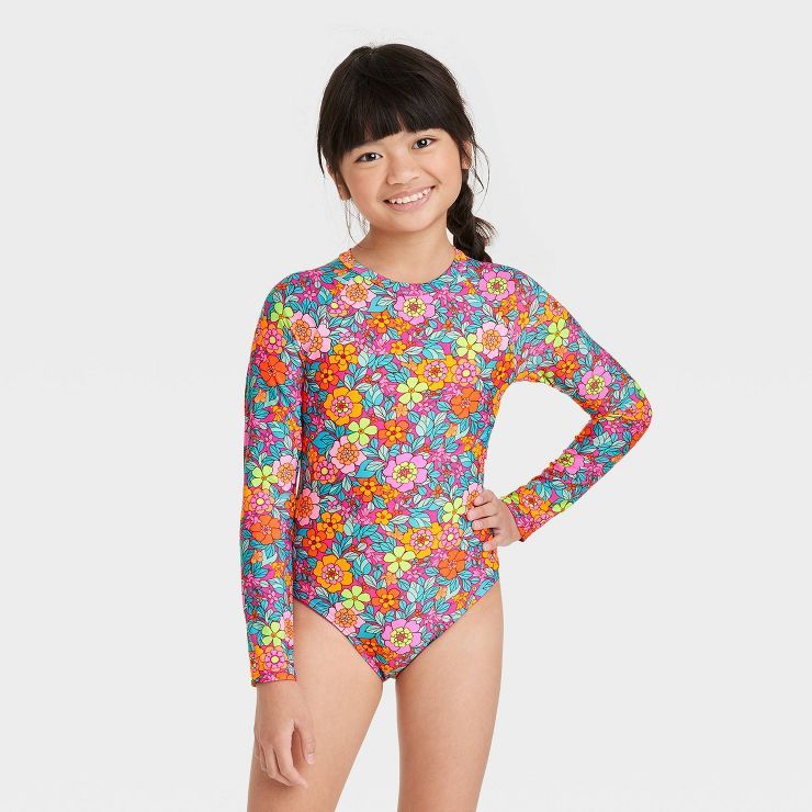 Girls' Retro Row Rash Guard One Piece Swimsuit - Cat & Jack™️ | Target