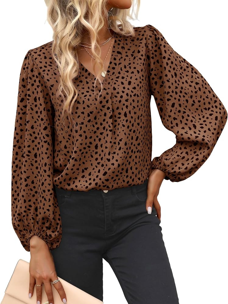 Long Sleeve Blouses for Women, Leopard Print Chiffon Tops V Neck Loose Business Shirts Casual Wor... | Amazon (US)
