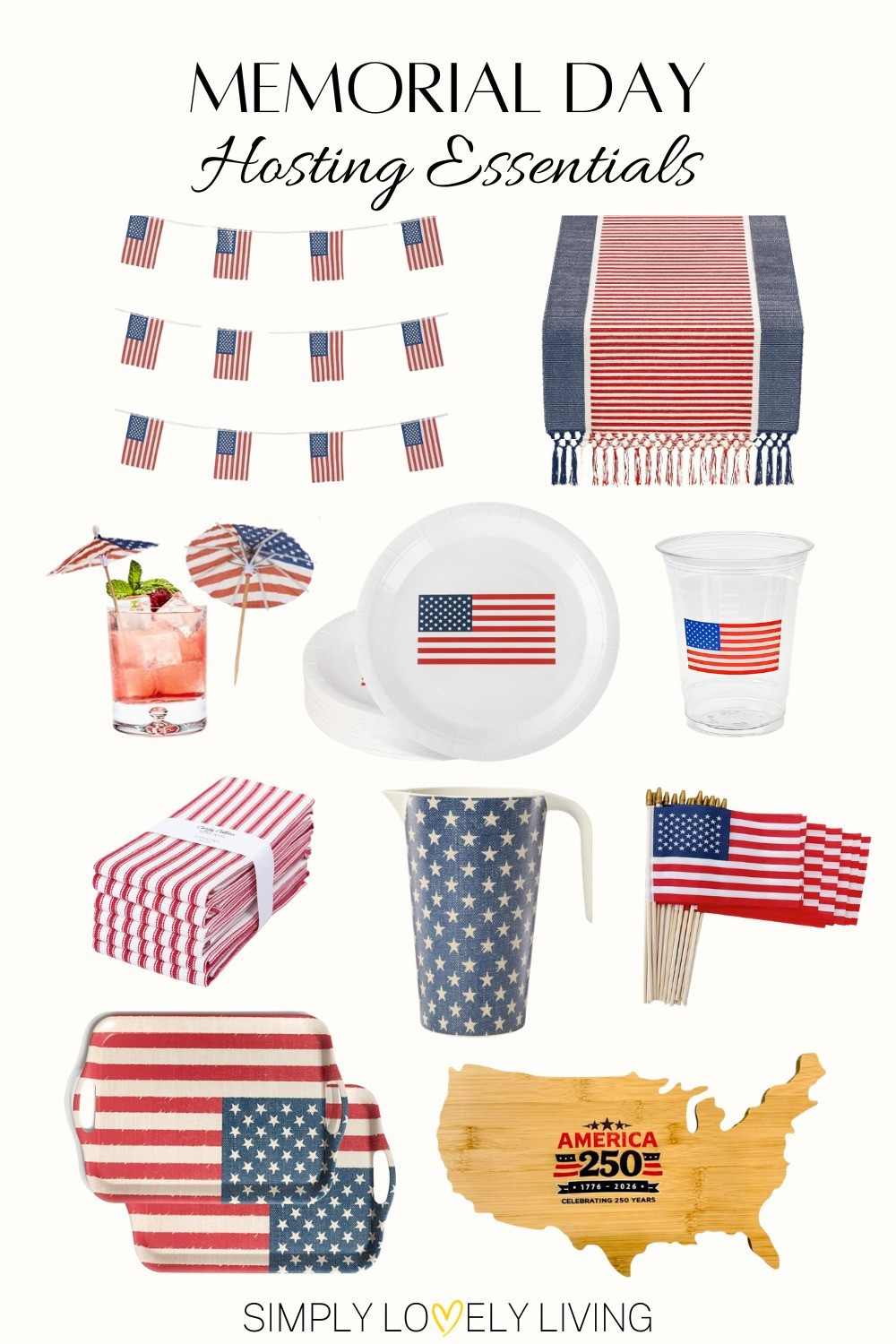 Memorial Day hosting must-haves! Red white and blue table runner, flag umbrellas for your drinks, flag plastic plates, flag cups, red and white stripe napkins, blue and white stars pitcher, mini flags for decor, flag platters, America shaped cutting board. Celebrating 250 years of freedom! #memorialday #america #redwhiteandblue

#LTKHome #LTKSeasonal