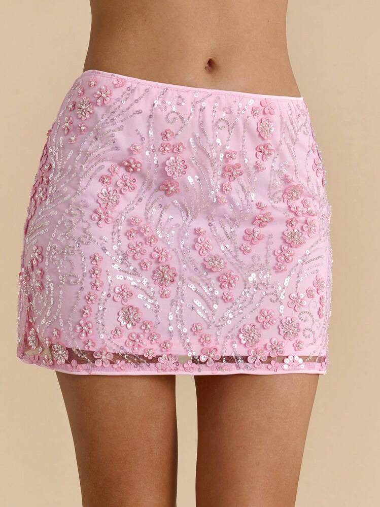 SHEIN BAE Pink Textured Sequin Spaghetti Strap Super Long Low Waist Skirt, Vacation Beach Skirt; ... | SHEIN