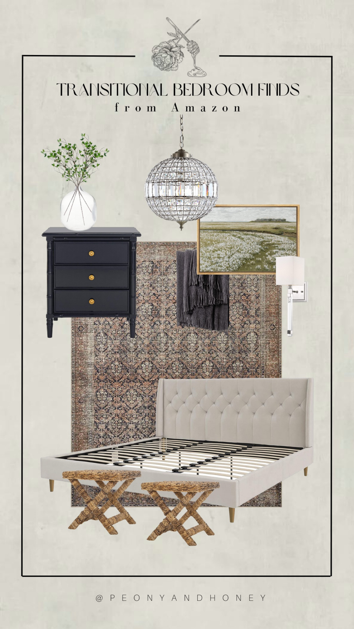 Check out this transitional bedroom design complete with a tufted upholstered bed frame, moody navy blue vintage style area rug, bamboo style wood nightstand, and more home accents! #competition #homedecor #interiordesign #bedroom #bedroomdesign #bedroomdecor #bedroomfurniture #rugs #sconce #lighting #nightstands #chandelier #bedframe #wallart

#LTKhome #LTKFind