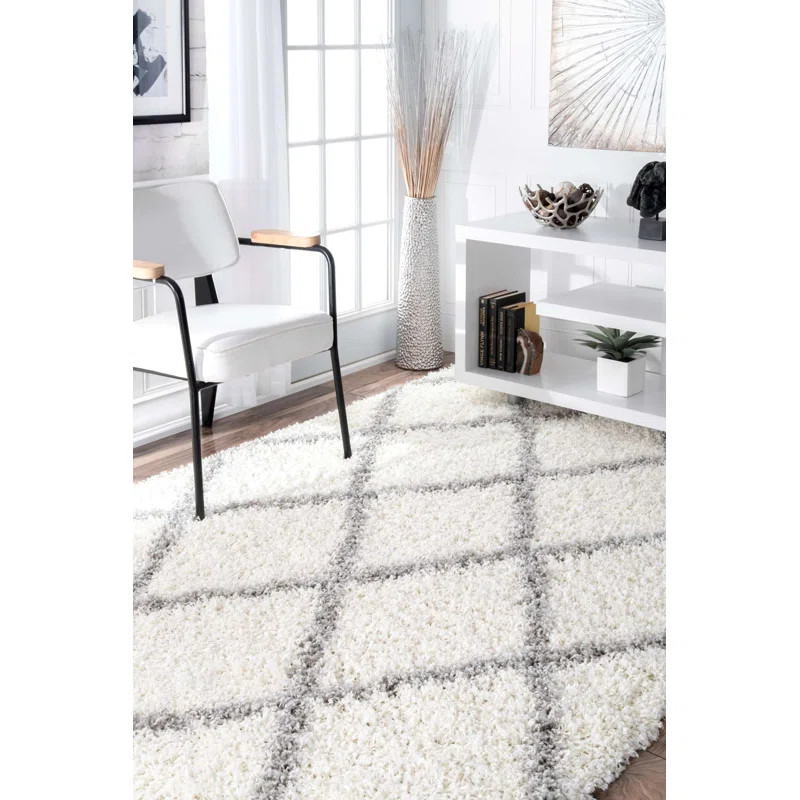 Colona Geometric Shag White Area Rug | Wayfair North America
