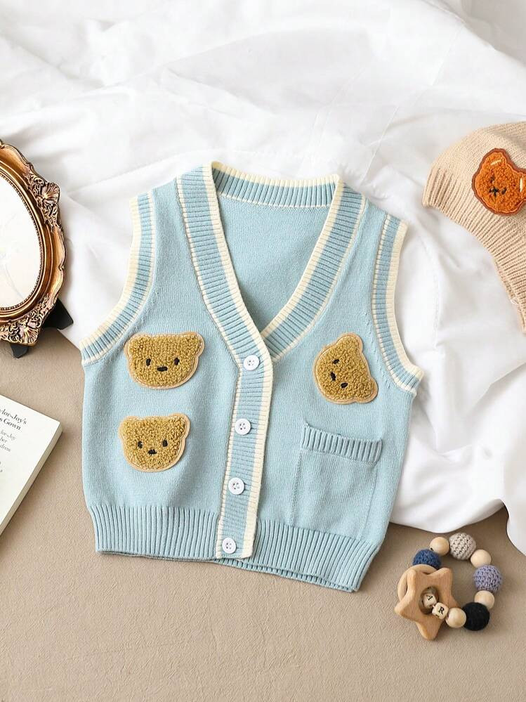 Baby Boys  Bear Pattern Striped Trim Cardigan | SHEIN