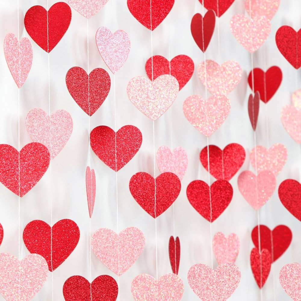 Red Pink Party-Decorations Heart Garland - 52ft Valentines Day Streamers Paper Banner, Galentines... | Amazon (US)
