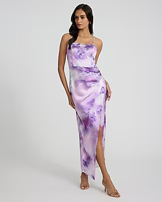 Satin Printed Sweetheart Sleeveless Wrap Ruched Side Maxi Dress | Express