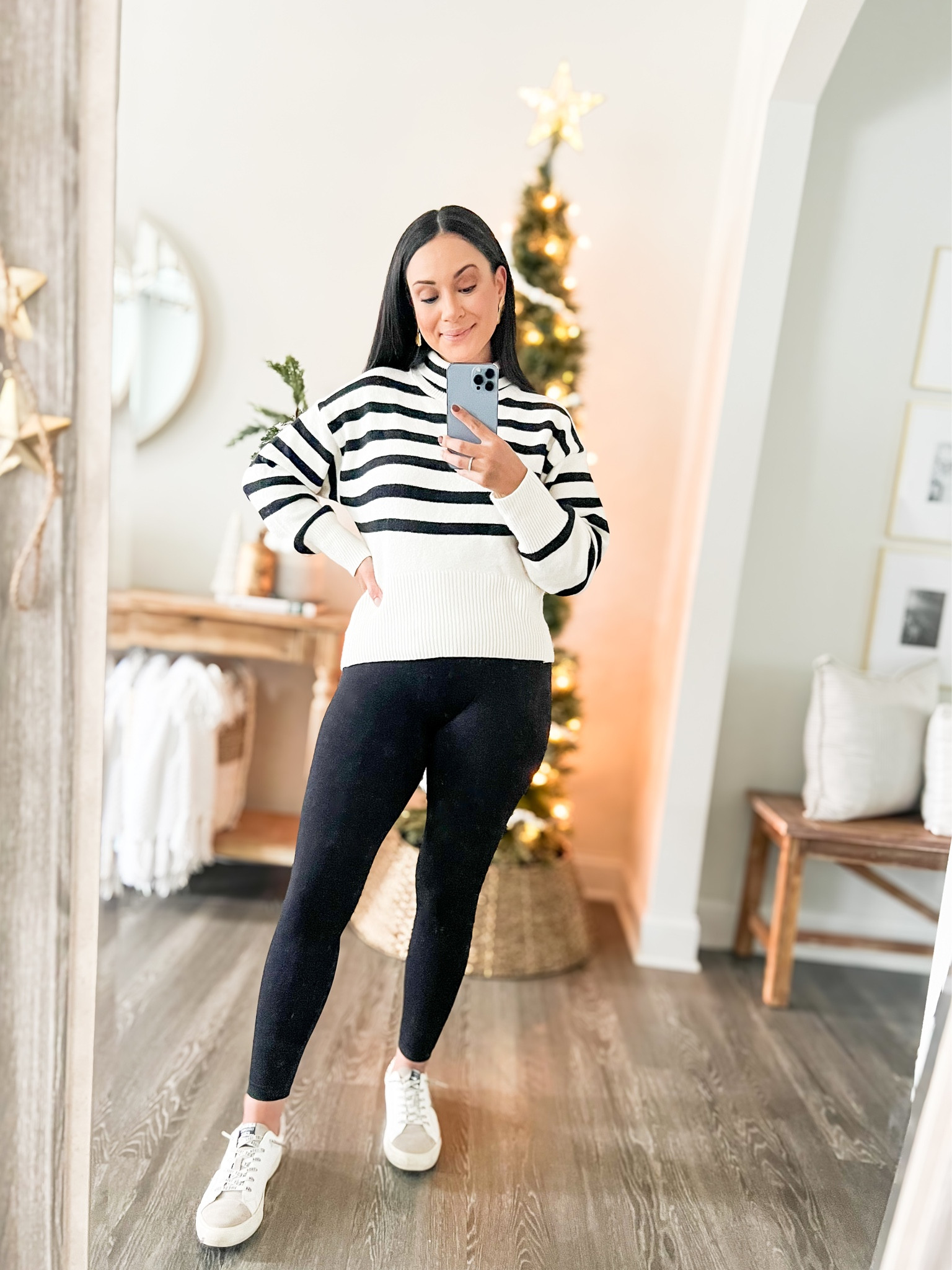 Casual Outfit. Women’s striped black and white turtle neck sweater. Fall outfit. Chilly weather outfit. Target sweaters. Leggings outfit. Travel comfy style. 

#LTKmidsize #LTKSeasonal #LTKtravel