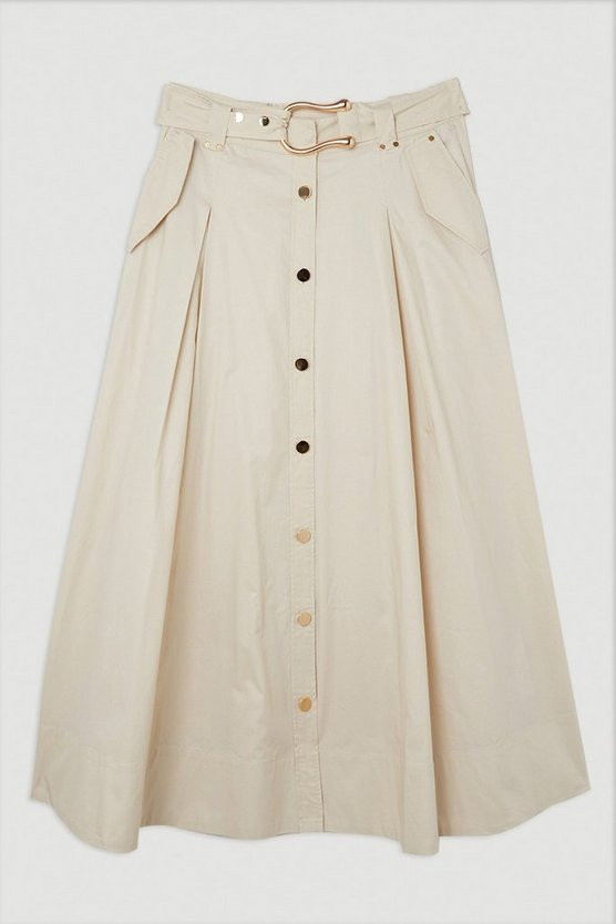 Cotton Sateen Button Woven Midi Skirt | Karen Millen US