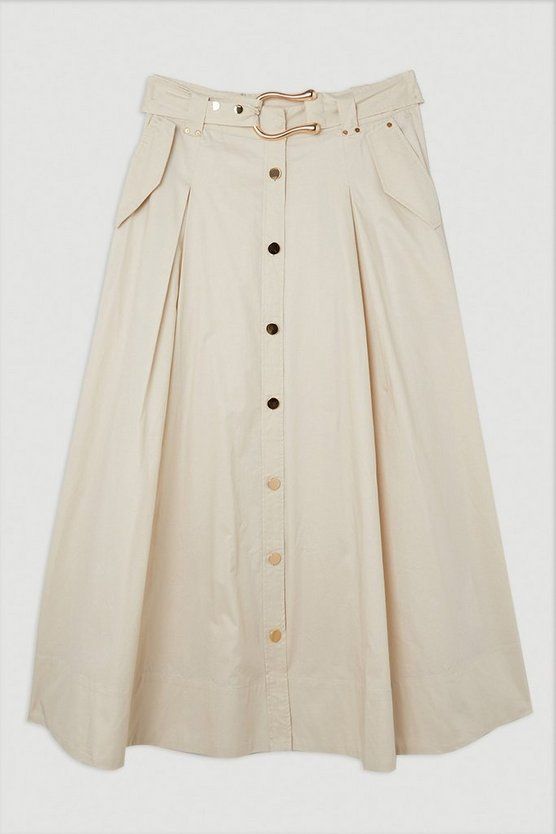 Cotton Sateen Button Woven Midi Skirt | Karen Millen US
