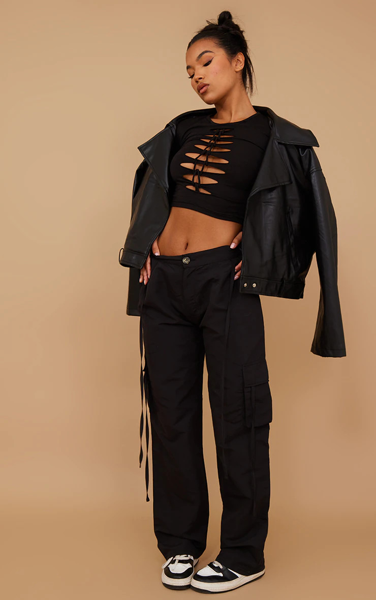 Black Lightweight Shell Low Rise Cargo's | PrettyLittleThing CAN