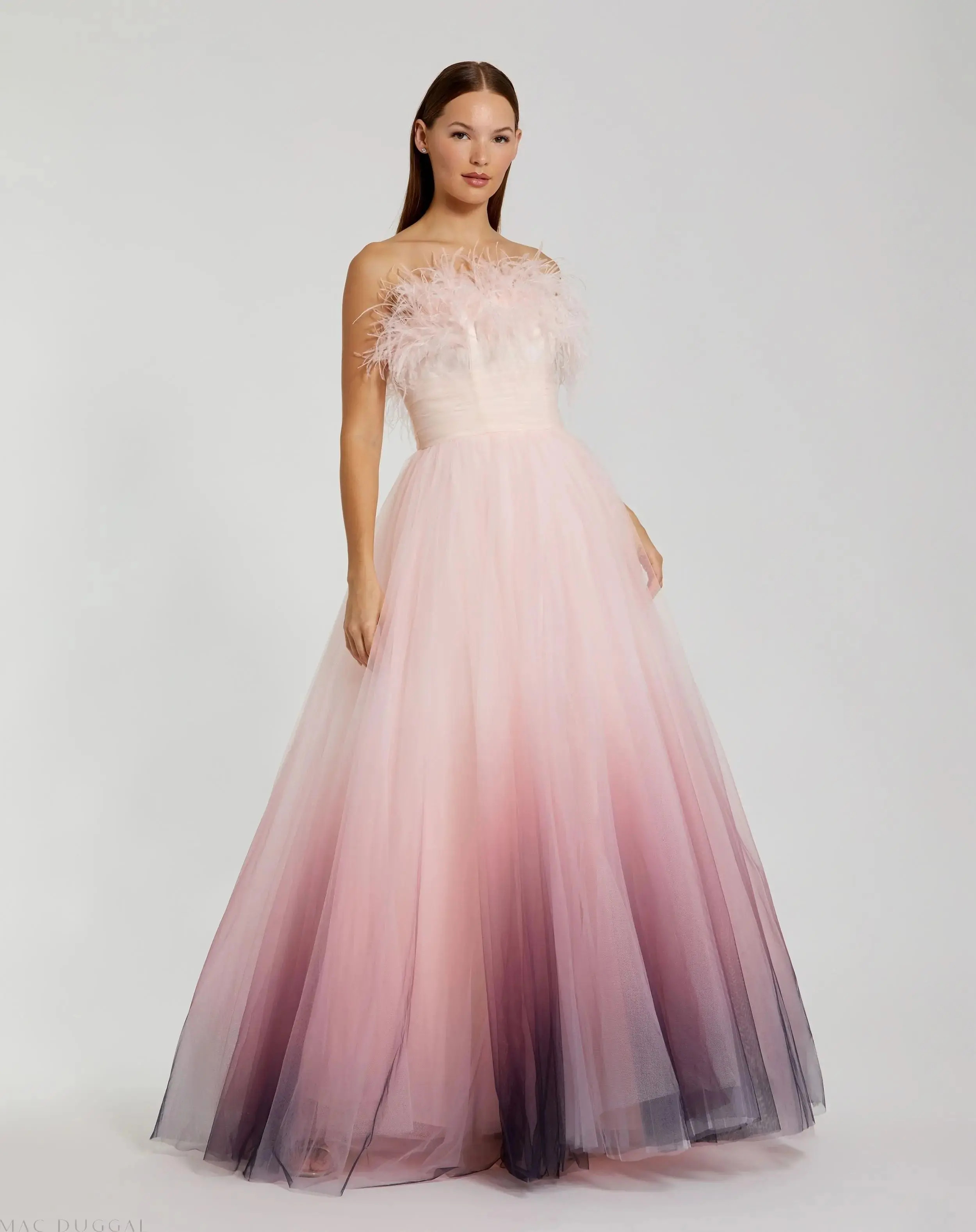 Pink Ombre Strapless Feather Bodice Tulle Gown | Mac Duggal