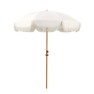 OGETFUUR 6.5 ft. Fringe Beach Umbrella in Cream with Hanging Hook and Tilting Aluminum Pole, Pati... | The Home Depot